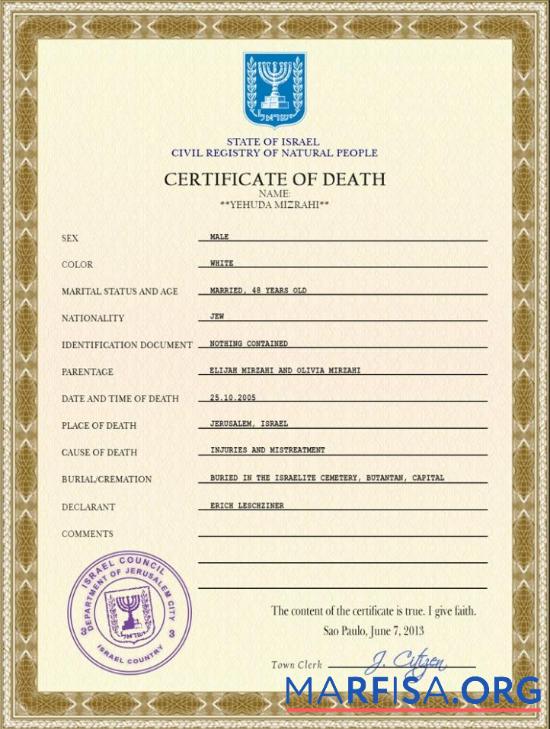 Printable Israel death certificate PSD template